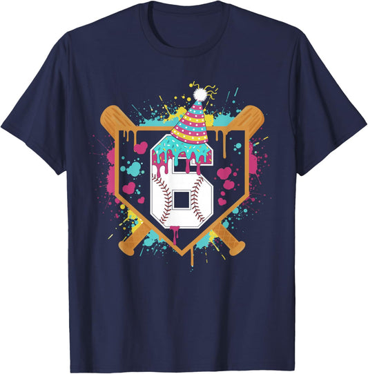 6th Birthday Baseball Drip Number 6 Year Old Birthday Boy T-Shirt - T-Shirt | Navy