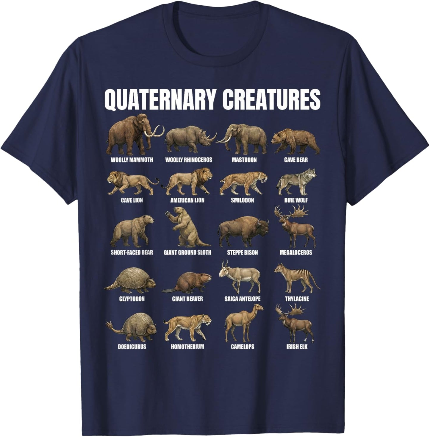 Quaternary Creatures Chart Pleistocene Megafauna Animals T-Shirt - T-Shirt | Navy