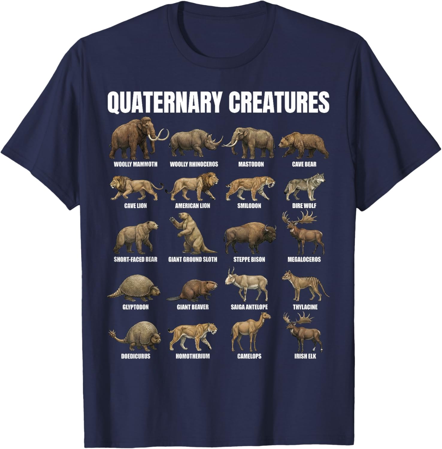 Quaternary Creatures Chart Pleistocene Megafauna Animals T-Shirt - T-Shirt | Navy