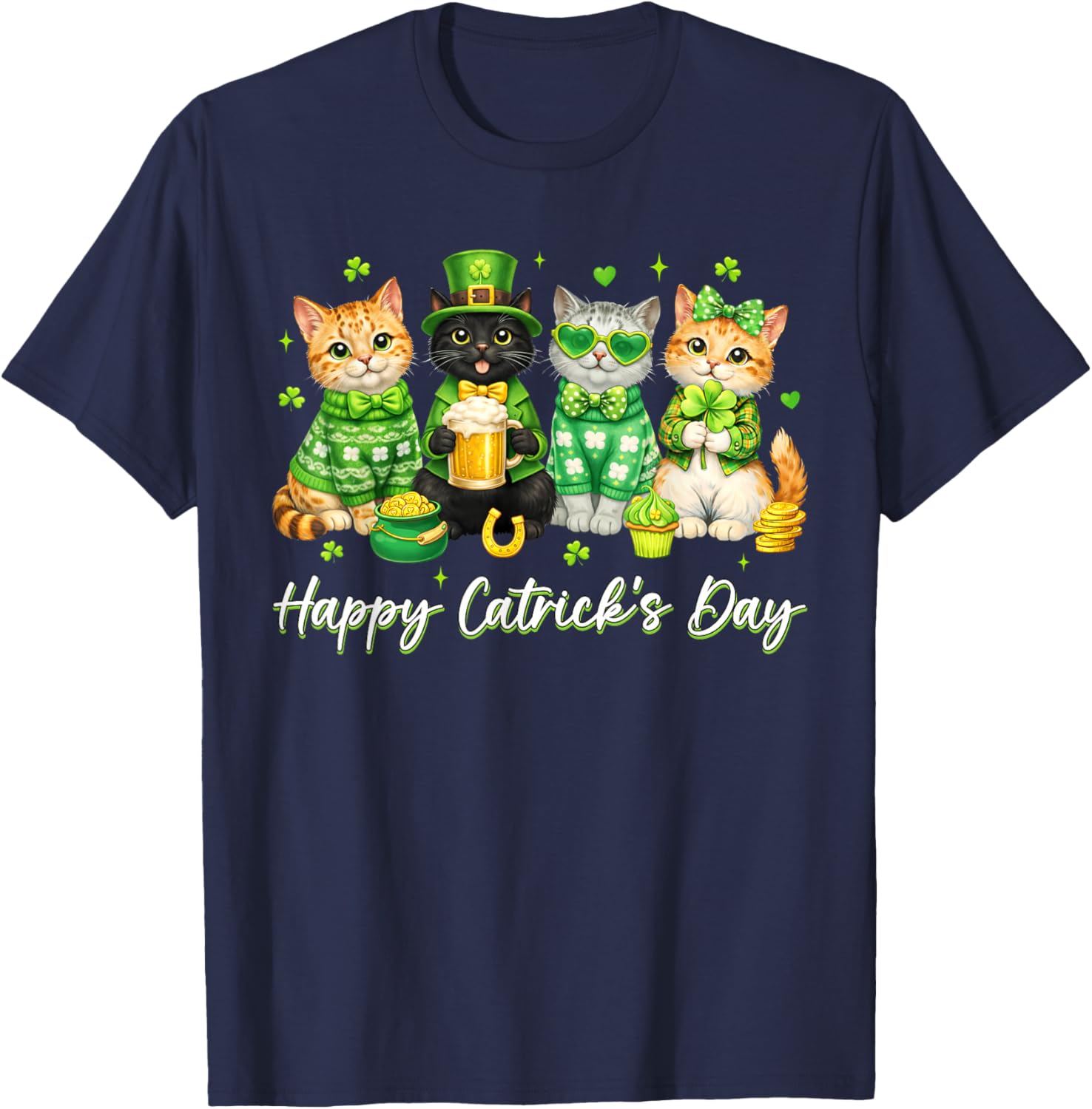 St Patricks Day Funny Catricks Day for Cat Lover Women Girls T-Shirt - T-Shirt | Navy