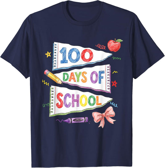 100 Days of School Pencil Coquette Bow Teachers Girls Kids T-Shirt - T-Shirt | Navy