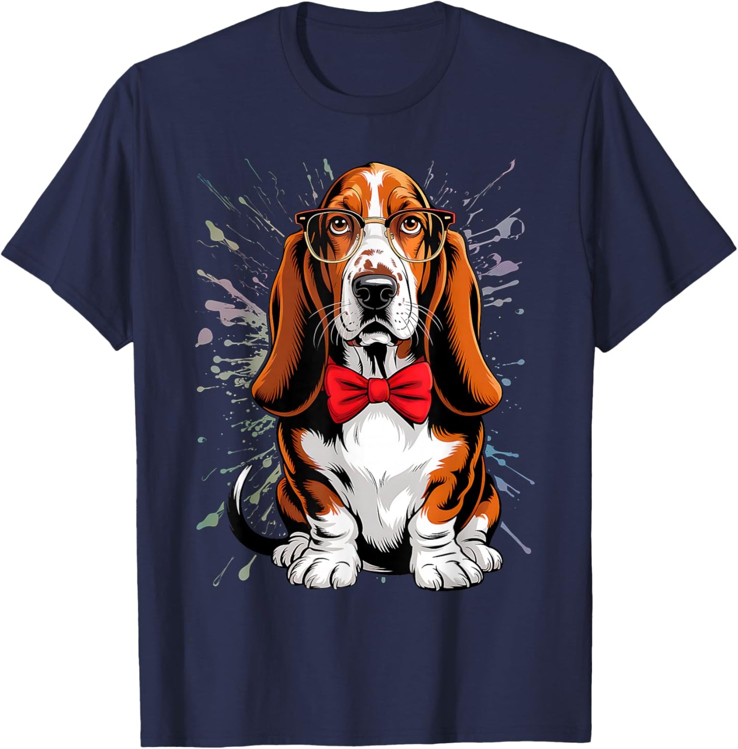 Basset Hound Dog in Classic Eyeglass and Bow Tie, Men Women T-Shirt - T-Shirt | Navy