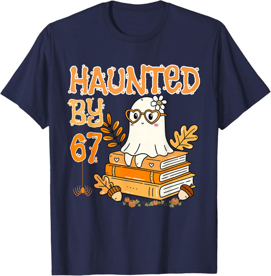 Haunted by 67 Funny Reading Ghost and Pumpkin Halloween T-Shirt - T-Shirt | Navy