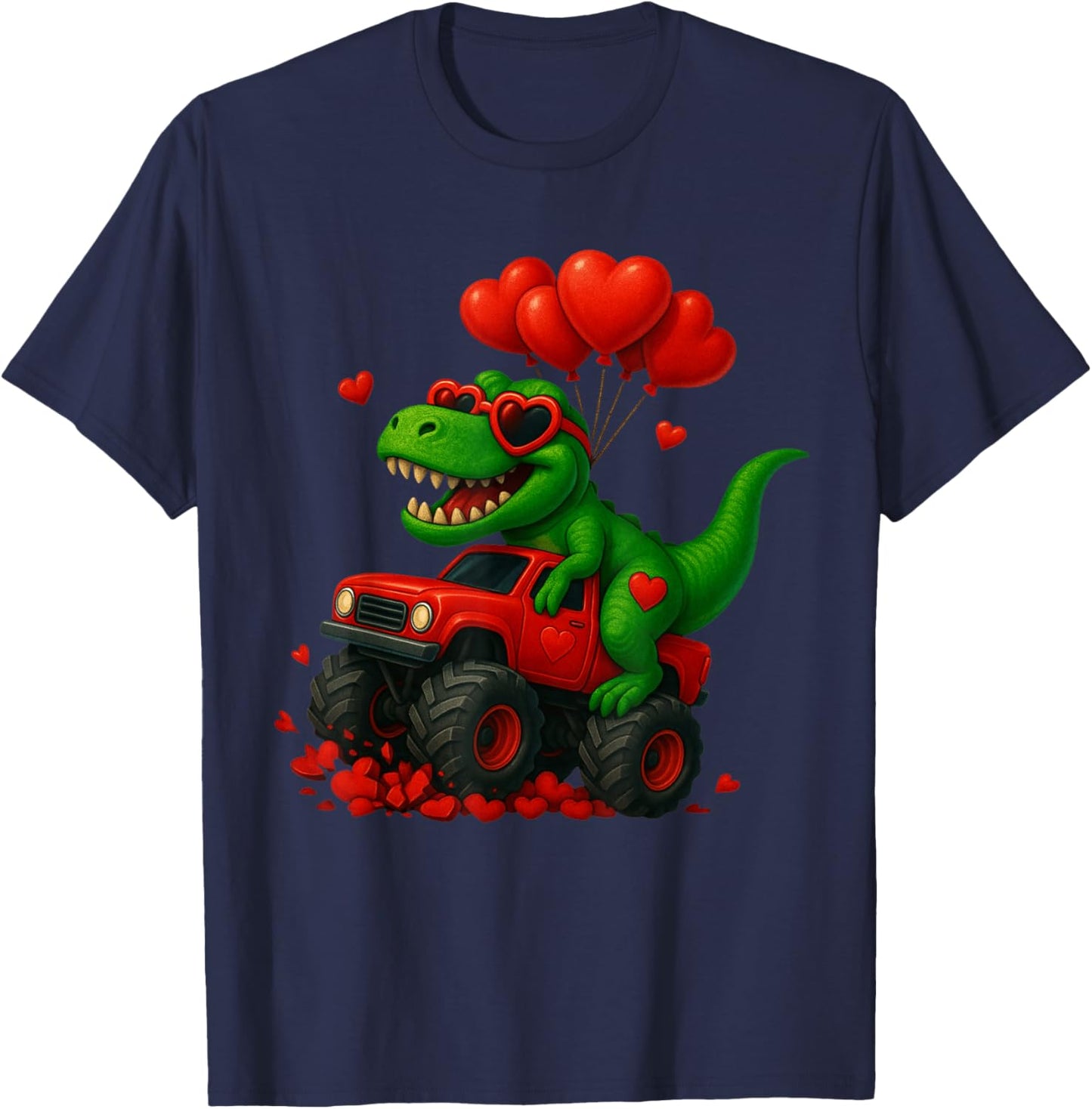 Valentines Day T Rex Riding Monster Truck Funny Toddler Boys T-Shirt - T-Shirt | Navy
