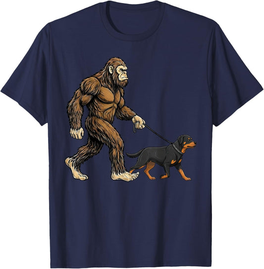 Bigfoot Walking Rottweiler Dog Funny Sasquatch T-Shirt - T-Shirt | Navy