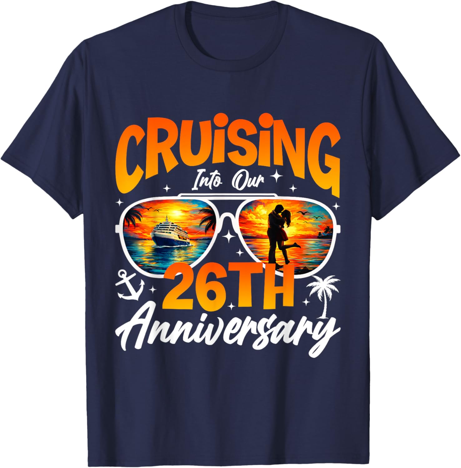 Vintage Cruising Into 26th Anniversary Cruise Sunset Couple T-Shirt - T-Shirt | Navy