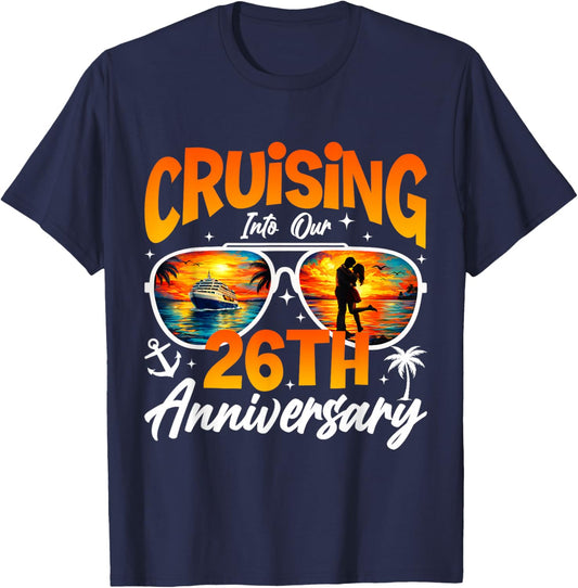Vintage Cruising Into 26th Anniversary Cruise Sunset Couple T-Shirt - T-Shirt | Navy