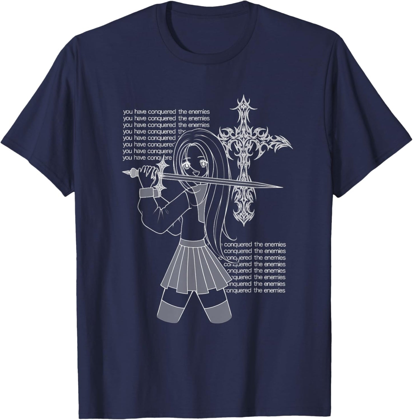 You Have Conquered The Enemies Cross Y2K Anime Goth Girl T-Shirt - T-Shirt | Navy