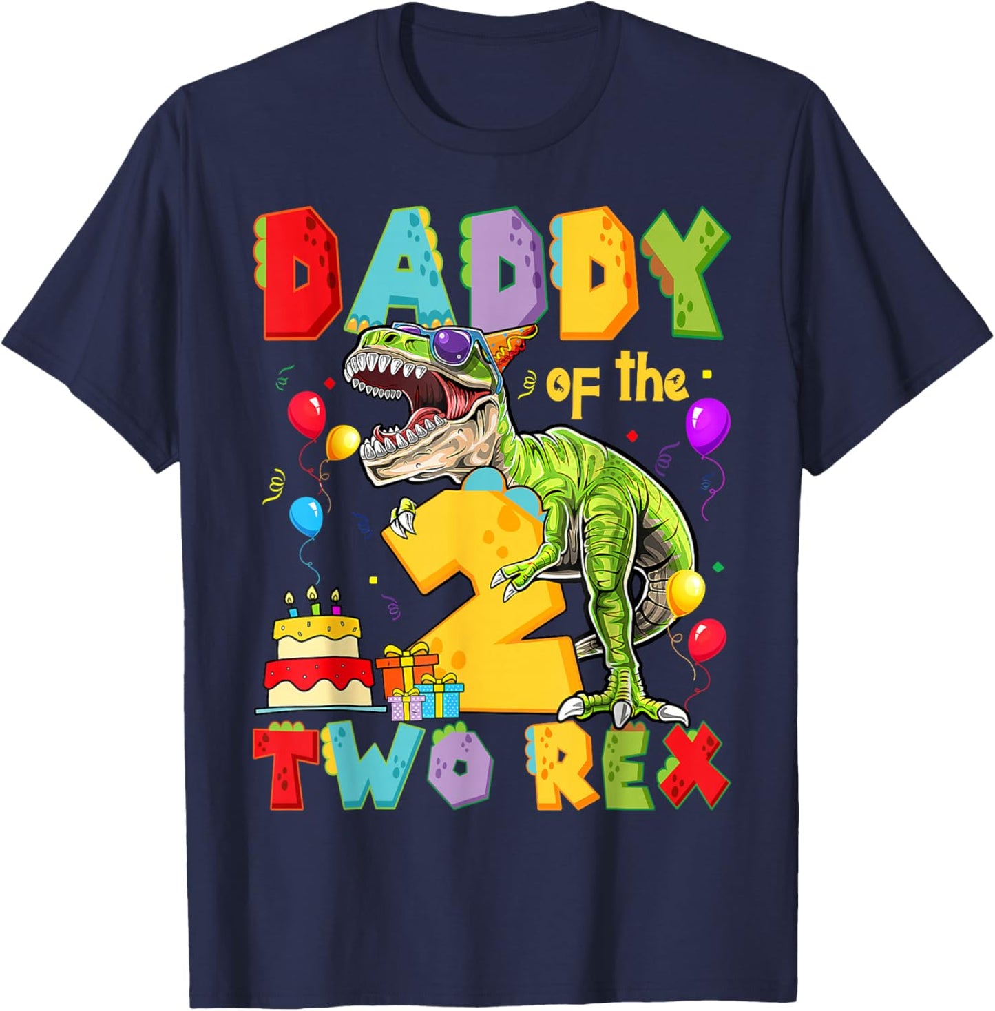 Daddy of The Two Rex 2nd Birthday Boy Dinosaur T-Rex T-Shirt - T-Shirt | Navy