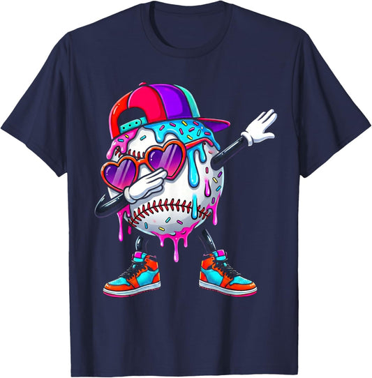 Baseball Ice Cream Drip Dabbing Sports Sprinkles for Boys T-Shirt - T-Shirt | Navy