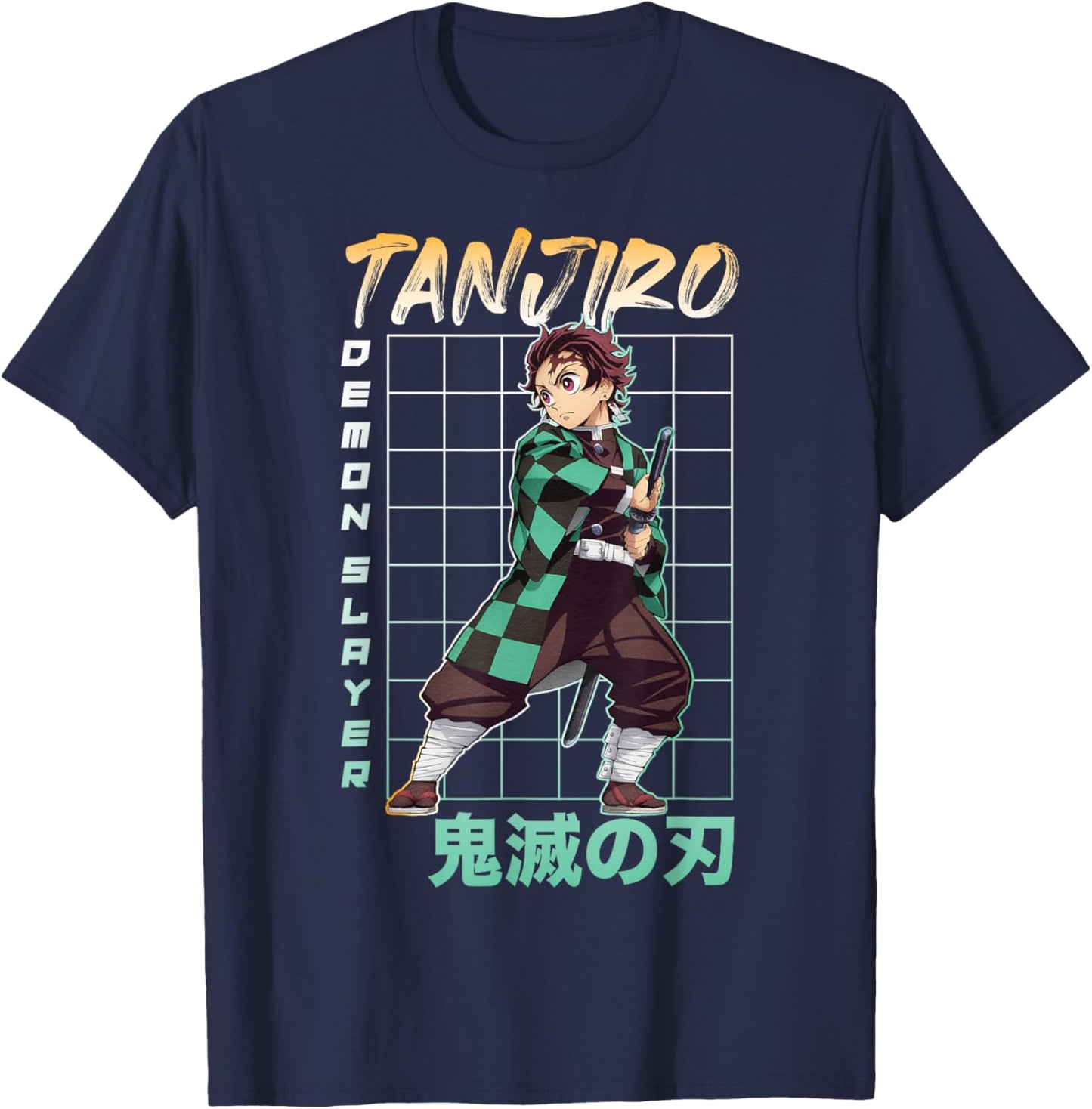 Demon Slayer: Kimetsu no Yaiba Tanjiro Retro Grid Anime T-Shirt - T-Shirt | Navy