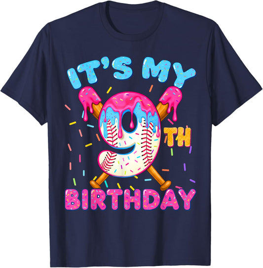 9th Birthday Baseball 9 Year Old Ice Cream Drip Boy Baseball T-Shirt - T-Shirt | Navy