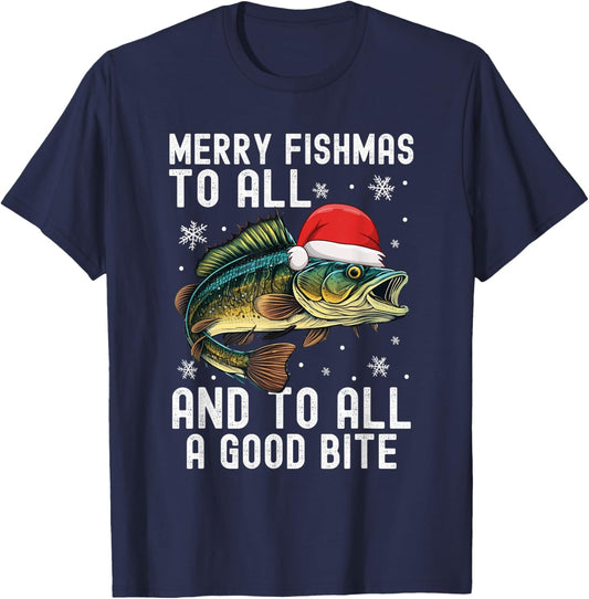 Merry Fishmas to All and to All A Good Bite Funny Xmas T-Shirt - T-Shirt | Navy