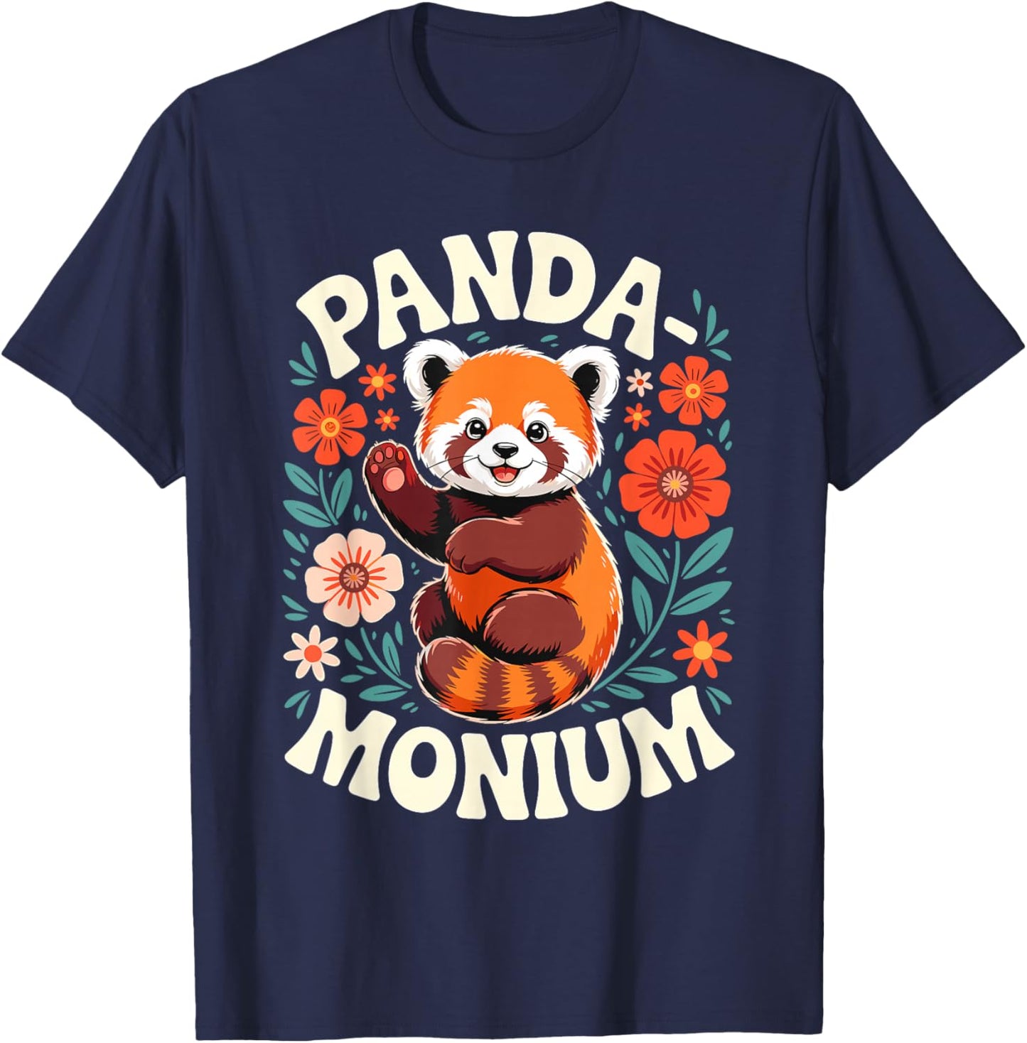 Animal Puns Panda-Monium Cute Floral Red Panda T-Shirt - T-Shirt | Navy