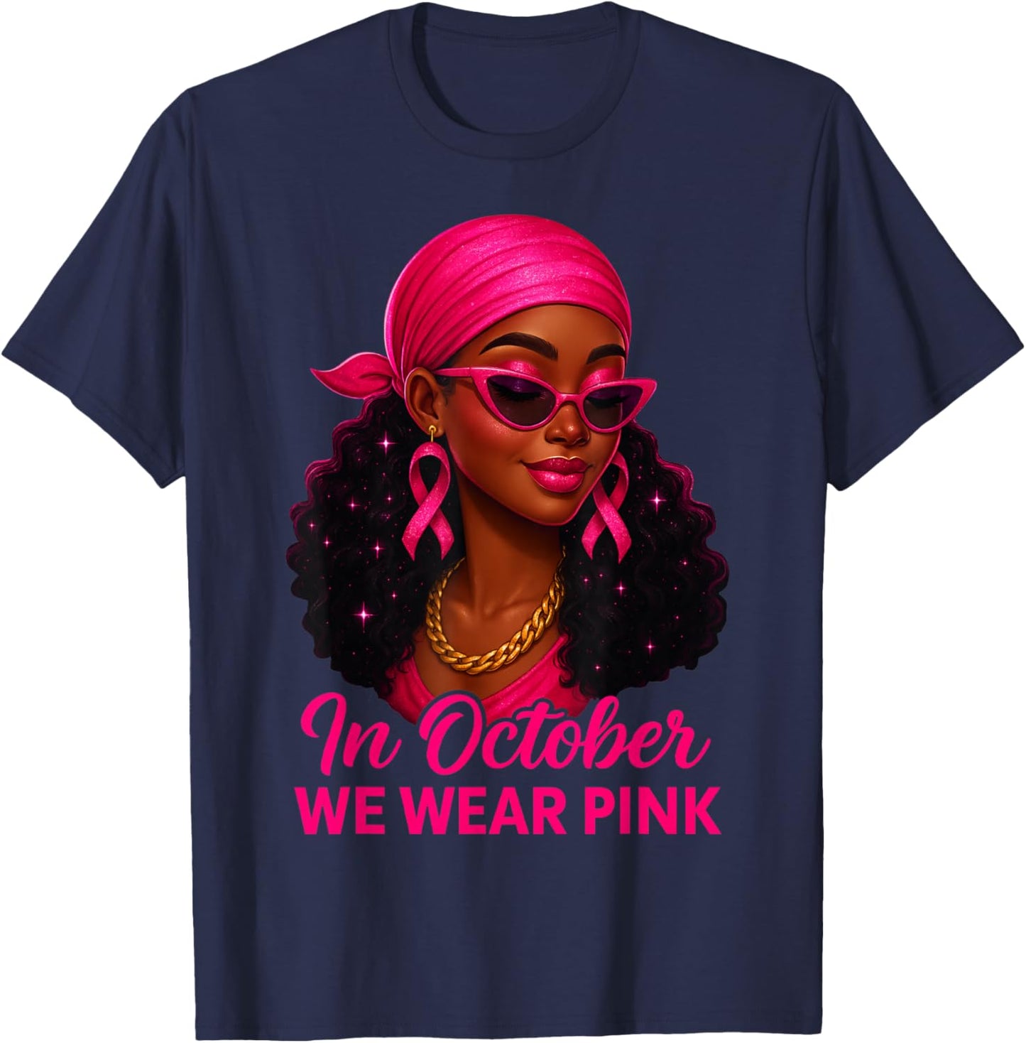 in October We Wear Pink Black Women Breast Cancer Awareness T-Shirt - T-Shirt | Navy