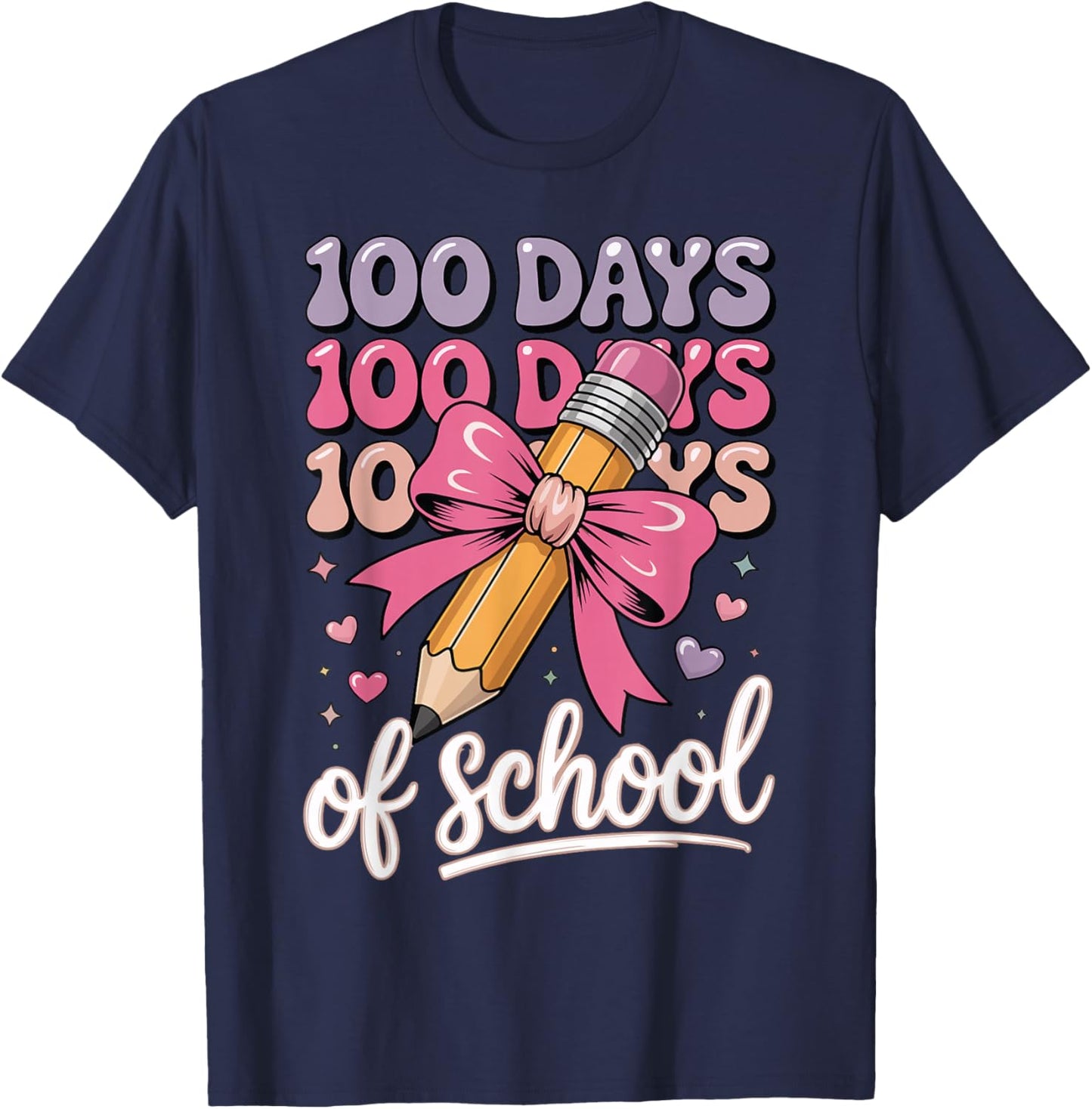 100 Days of School Girls Coquette Bow Kids Teacher Student T-Shirt - T-Shirt | Navy