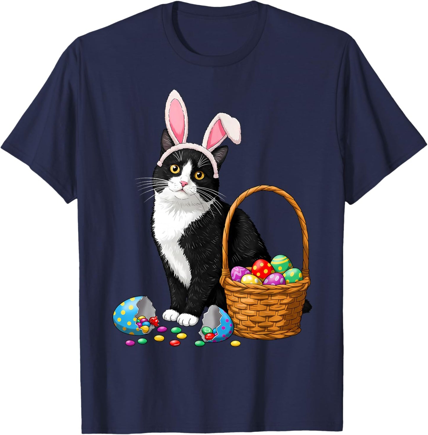 Easter Day Cat Bunny Ears Eggs Graphic Men Women Kids Funny T-Shirt - T-Shirt | Navy