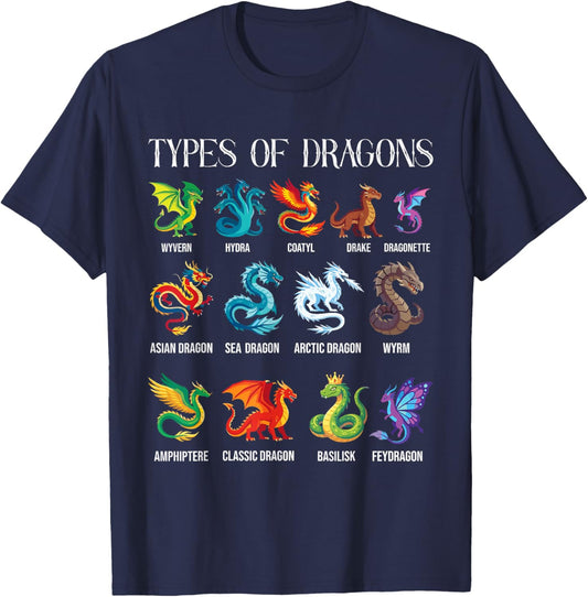 Types of Dragons Lover Fantasy T-Shirt - T-Shirt | Navy