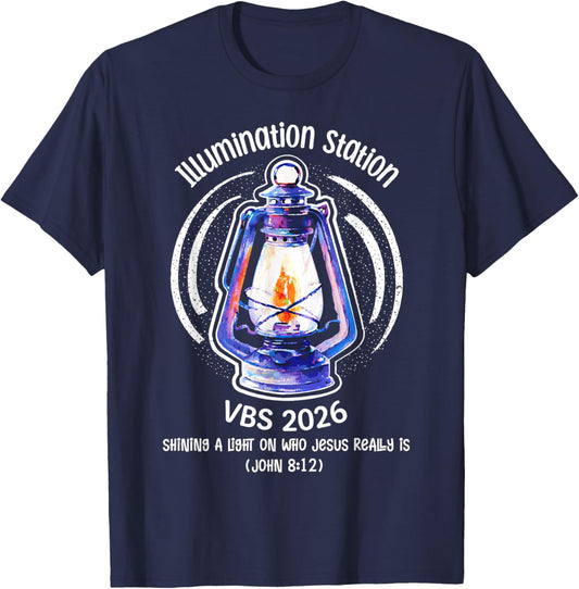 Retro Illumination Station VBS 2026 John 8:12 Bible Verse T-Shirt - T-Shirt | Navy