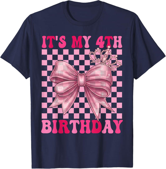 Its My 4th Birthday Girl Coquette Bow 4 Year Old Party Girl T-Shirt - T-Shirt | Navy