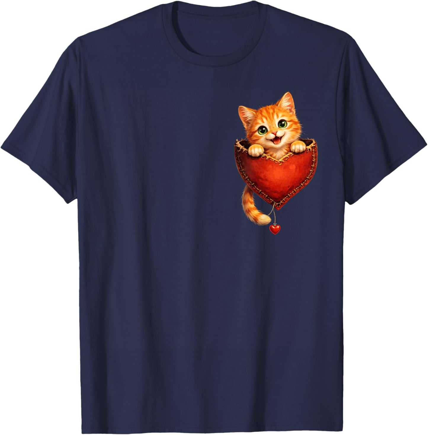 Cute Orange Pocket Kitty Funny Valentine Cat Lover Heart T-Shirt - T-Shirt | Navy