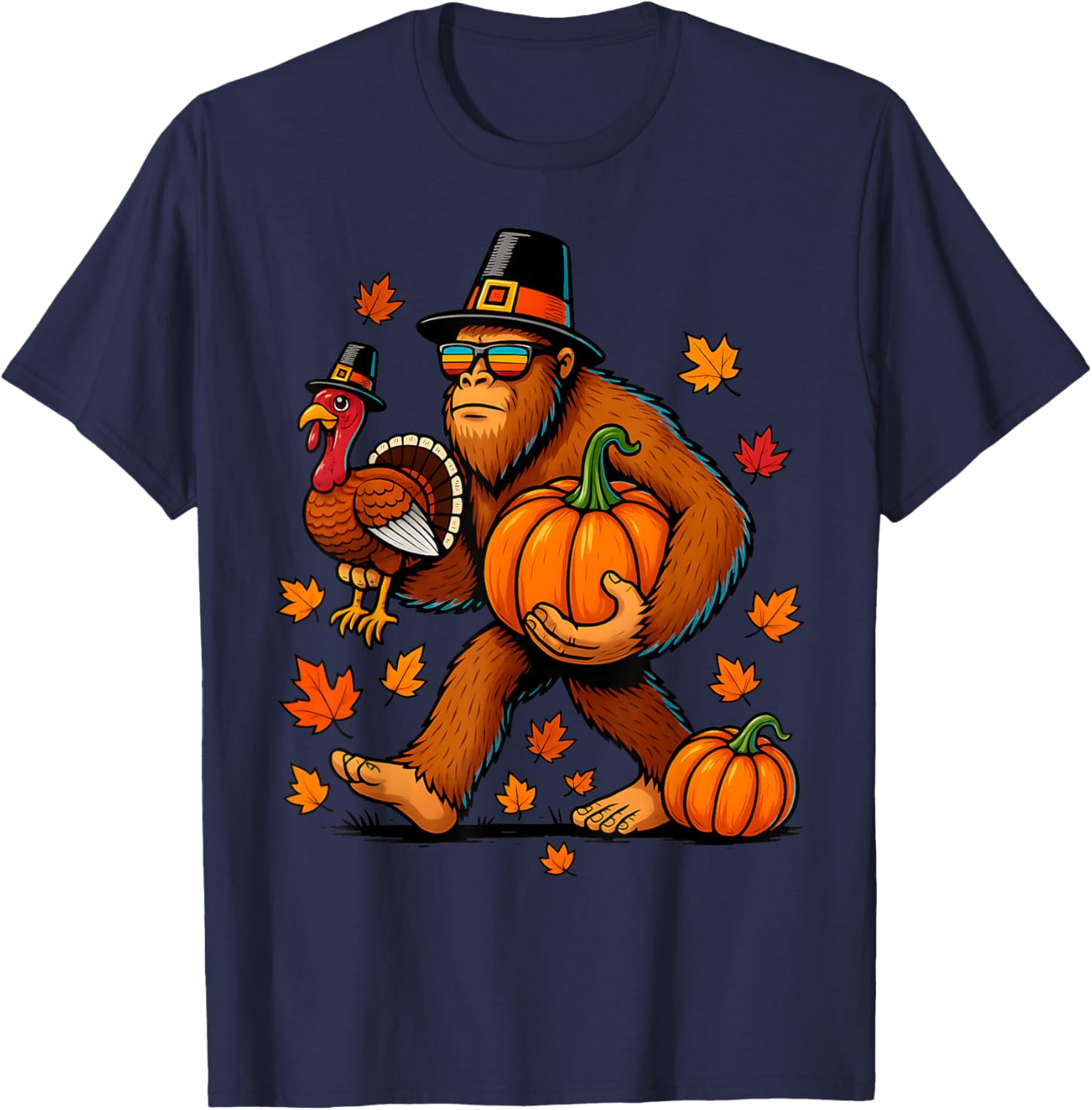 Pilgrim Turkey Pumpkin Thanksgiving Day Bigfoot Boys Men T-Shirt - T-Shirt | Navy