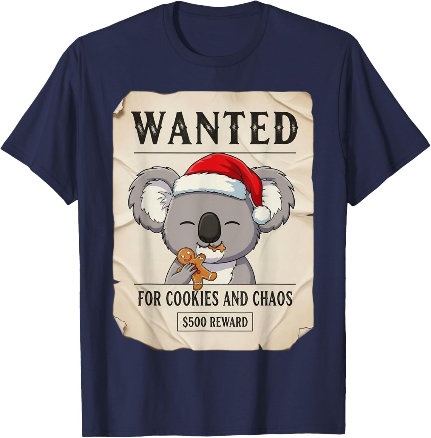Wanted for Cookies and Chaos Funny Koala Christmas Pajama T-Shirt - T-Shirt | Navy