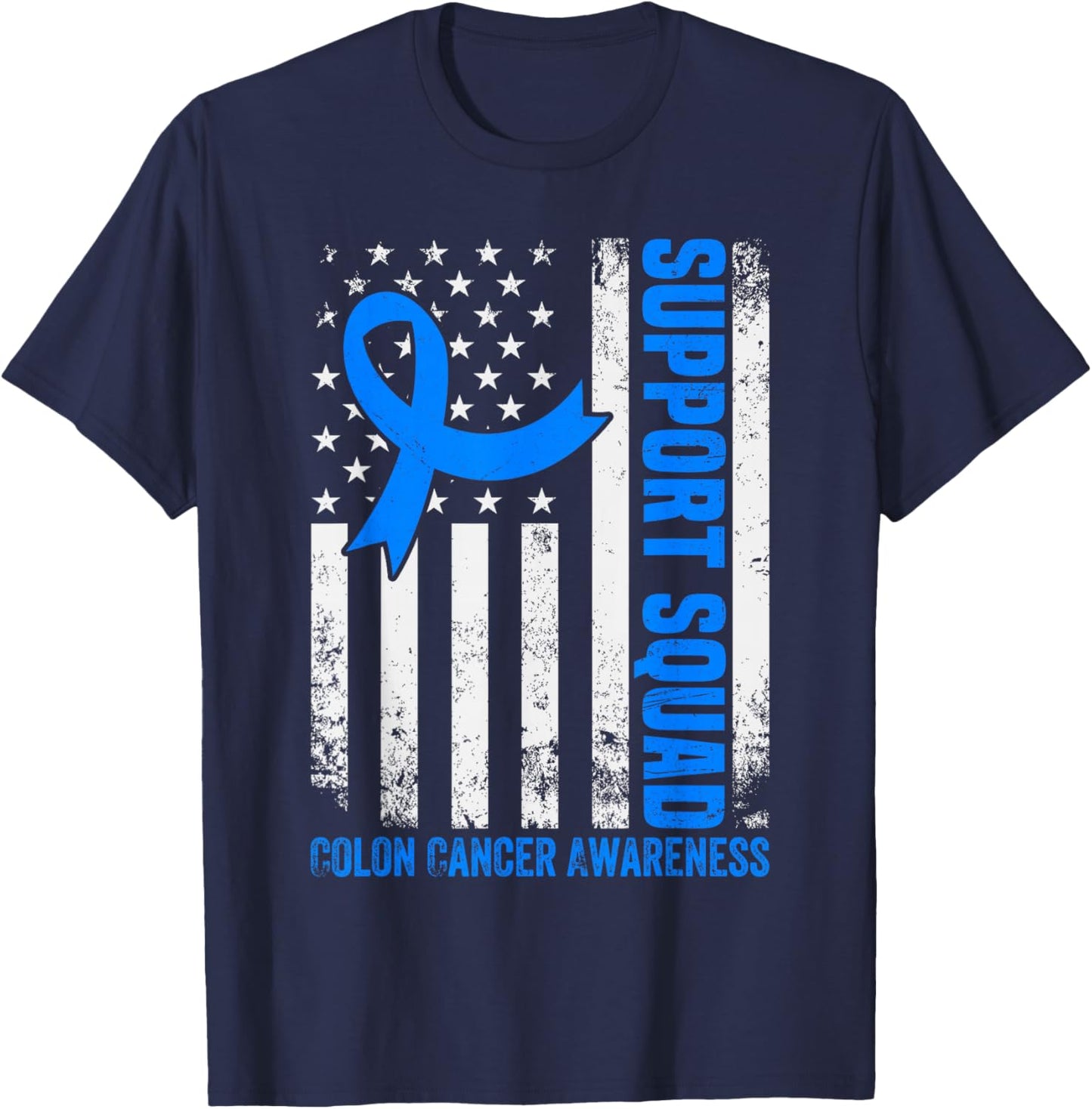 Support Squad American Flag USA Colon Cancer Awareness Month T-Shirt - T-Shirt | Navy