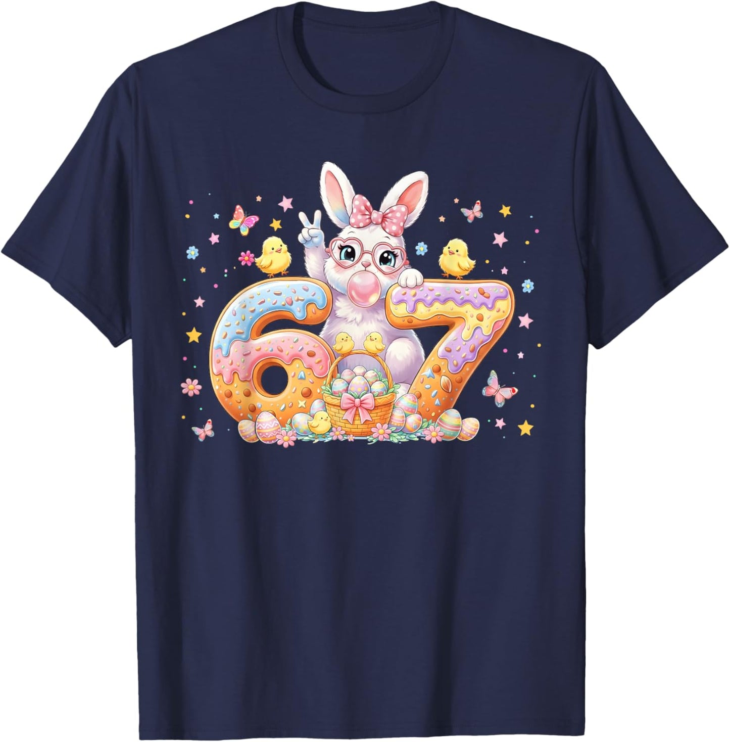 Easter Day 67 Cute Rabbit Bunny Six Seven Meme Bow Girl T-Shirt - T-Shirt | Navy