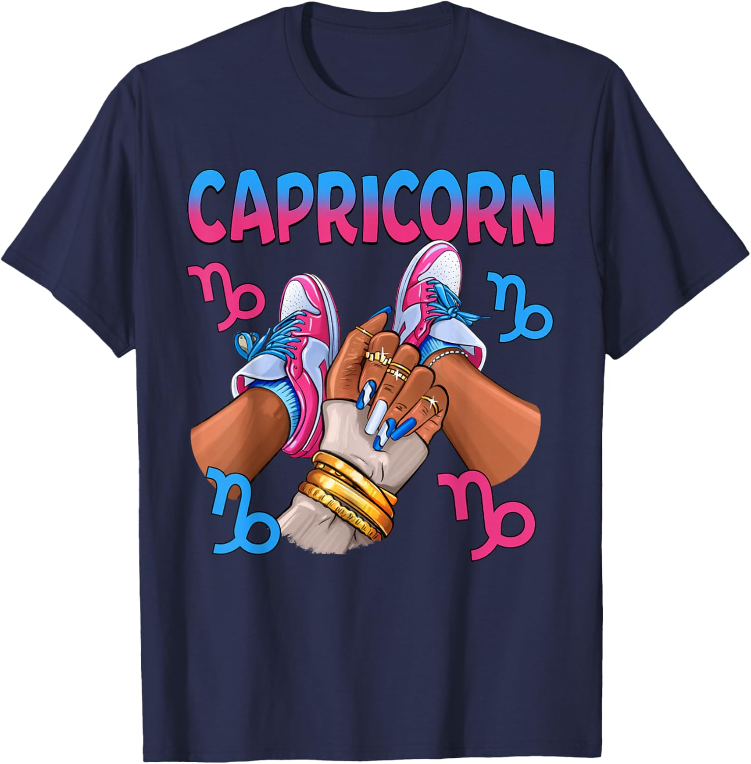 Capricorn Black Girl Women Sneakers Nails Zodiac Birthday T-Shirt - T-Shirt | Navy