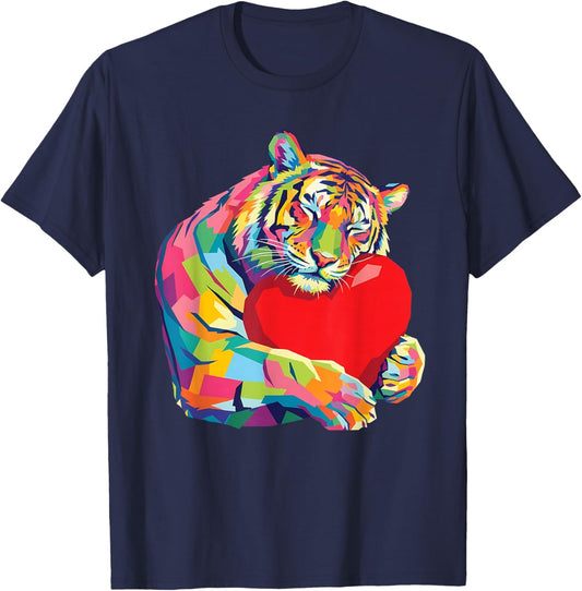 Tiger Hugging Valentine Heart Color Critters Rainbow T-Shirt - T-Shirt | Navy