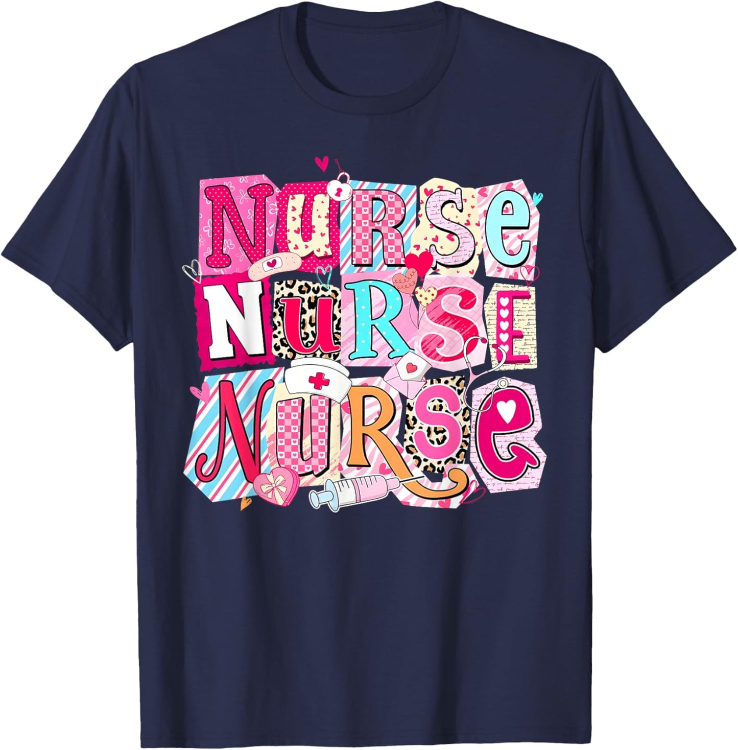 Valentine Nurse Note Love Hearts Stethoscope Girl Women Kid T-Shirt - T-Shirt | Navy