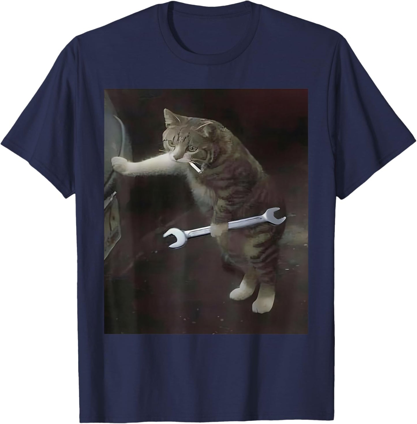 Funny Cat Smoking Cigarette Holding Wrench Mechanic Cat Meme T-Shirt - T-Shirt | Navy