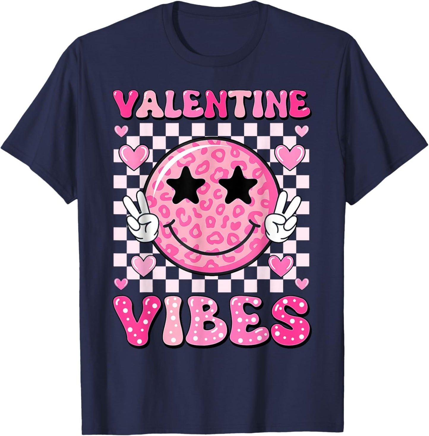 Groovy Valentine Vibes Cute Heart Happy Valentines Men Women T-Shirt - T-Shirt | Navy