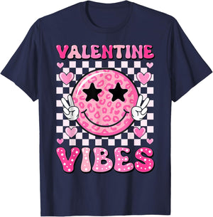 Groovy Valentine Vibes Cute Heart Happy Valentines Men Women T-Shirt - T-Shirt | Navy