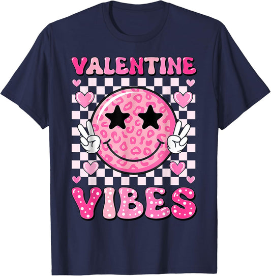 Groovy Valentine Vibes Cute Heart Happy Valentines Men Women T-Shirt - T-Shirt | Navy