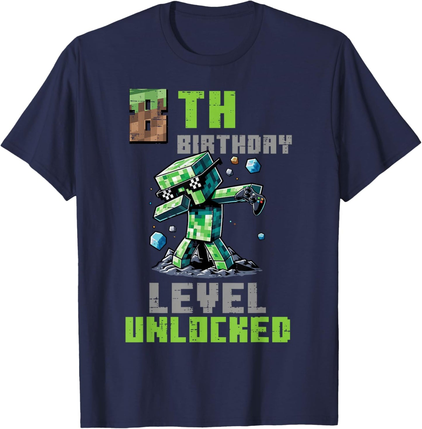 8th Birthday Level Unlocked Pixel Dab 8 Bday Gamer Boys Kids T-Shirt - T-Shirt | Navy