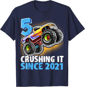 Birthday Monster Truck 5 Year Old Boys 5th Party Born 2021 T-Shirt - T-Shirt | Navy