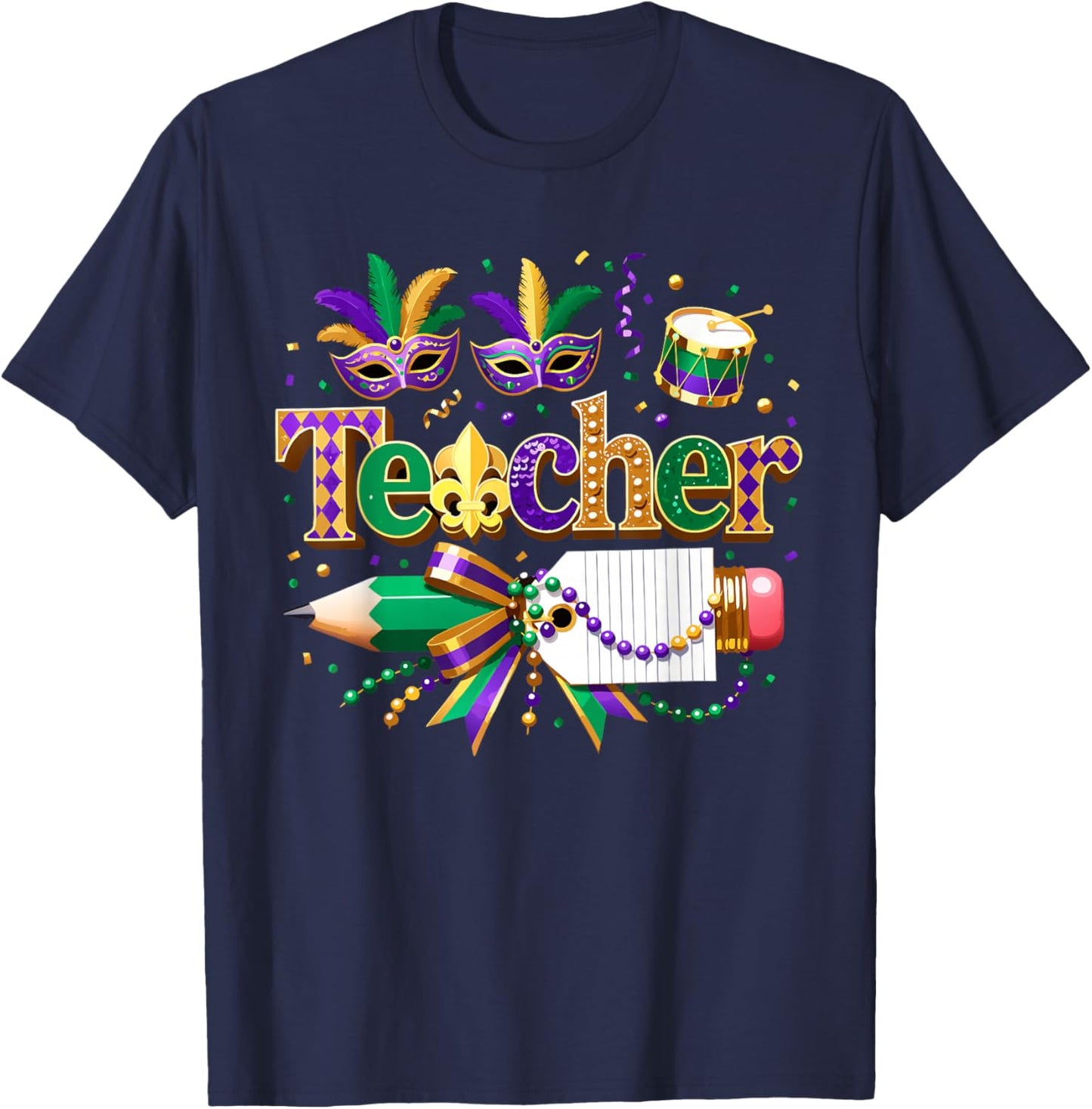 Custom Mardi Gras Teacher Coquette Pencil Holiday Mask Bow T-Shirt - T-Shirt | Navy