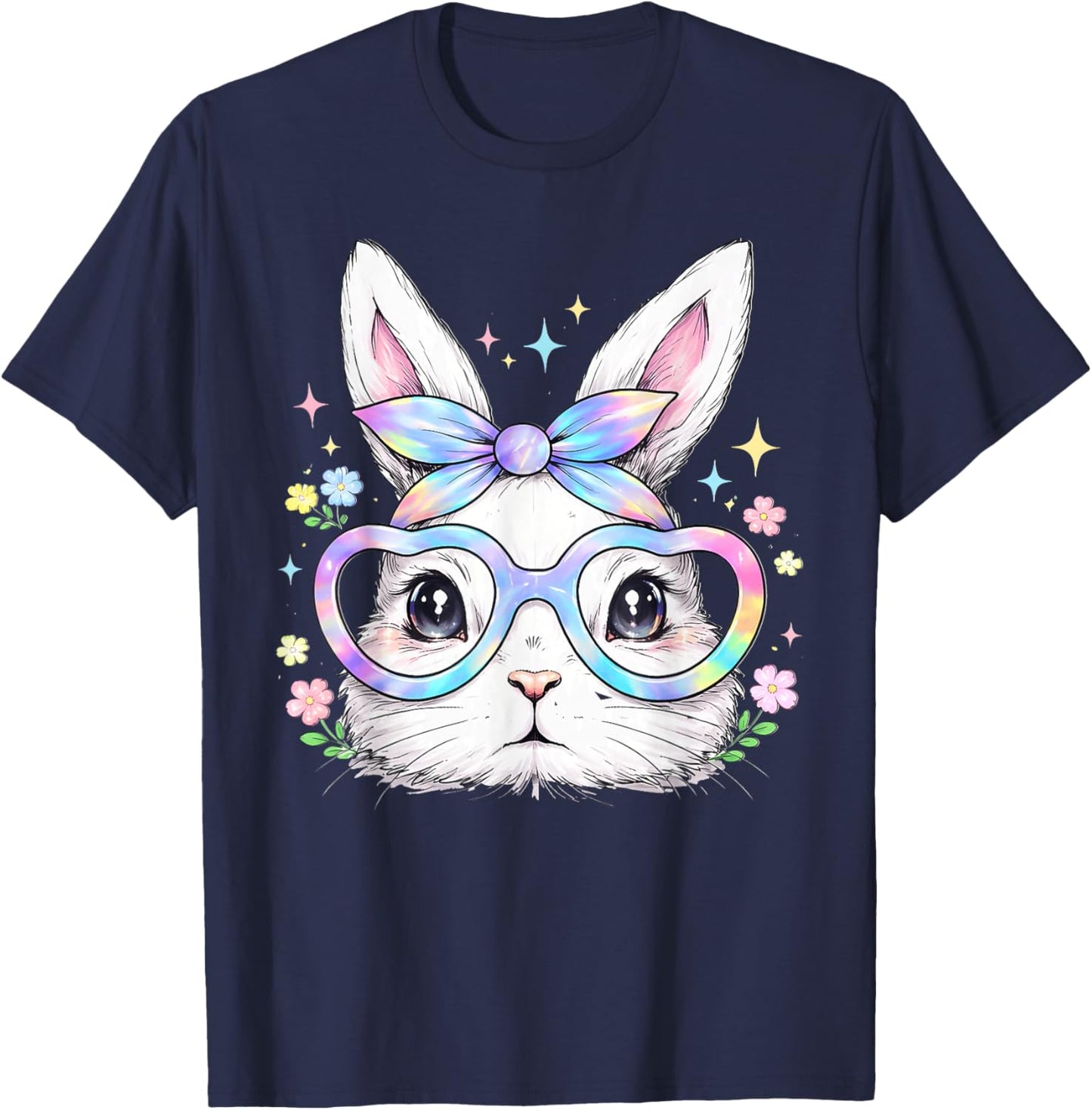 Happy Easter Day Cute Bunny Wearing Glasses Girls Easter T-Shirt - T-Shirt | Navy