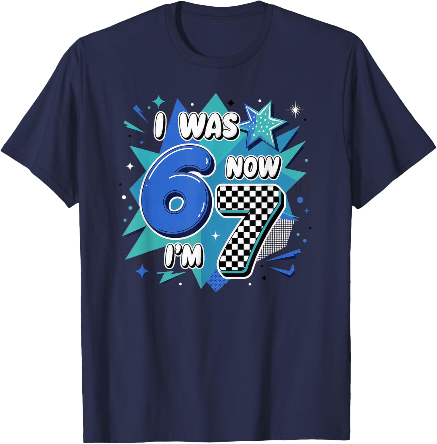 Blue Checkered I was 6 Now I'm 7 Birthday Boy Bday 6 7 T-Shirt - T-Shirt | Navy