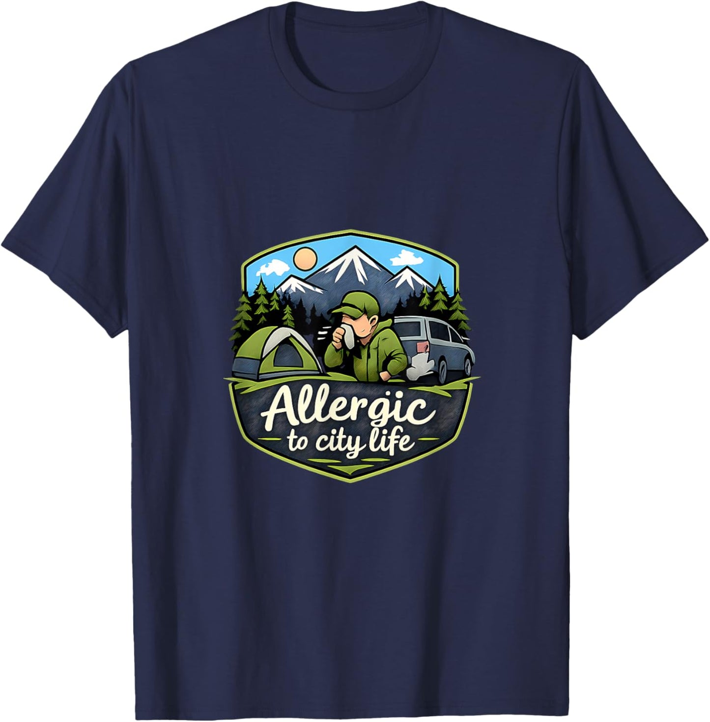 Allergic to City Life Camping Mountain Badge T-Shirt - T-Shirt | Navy