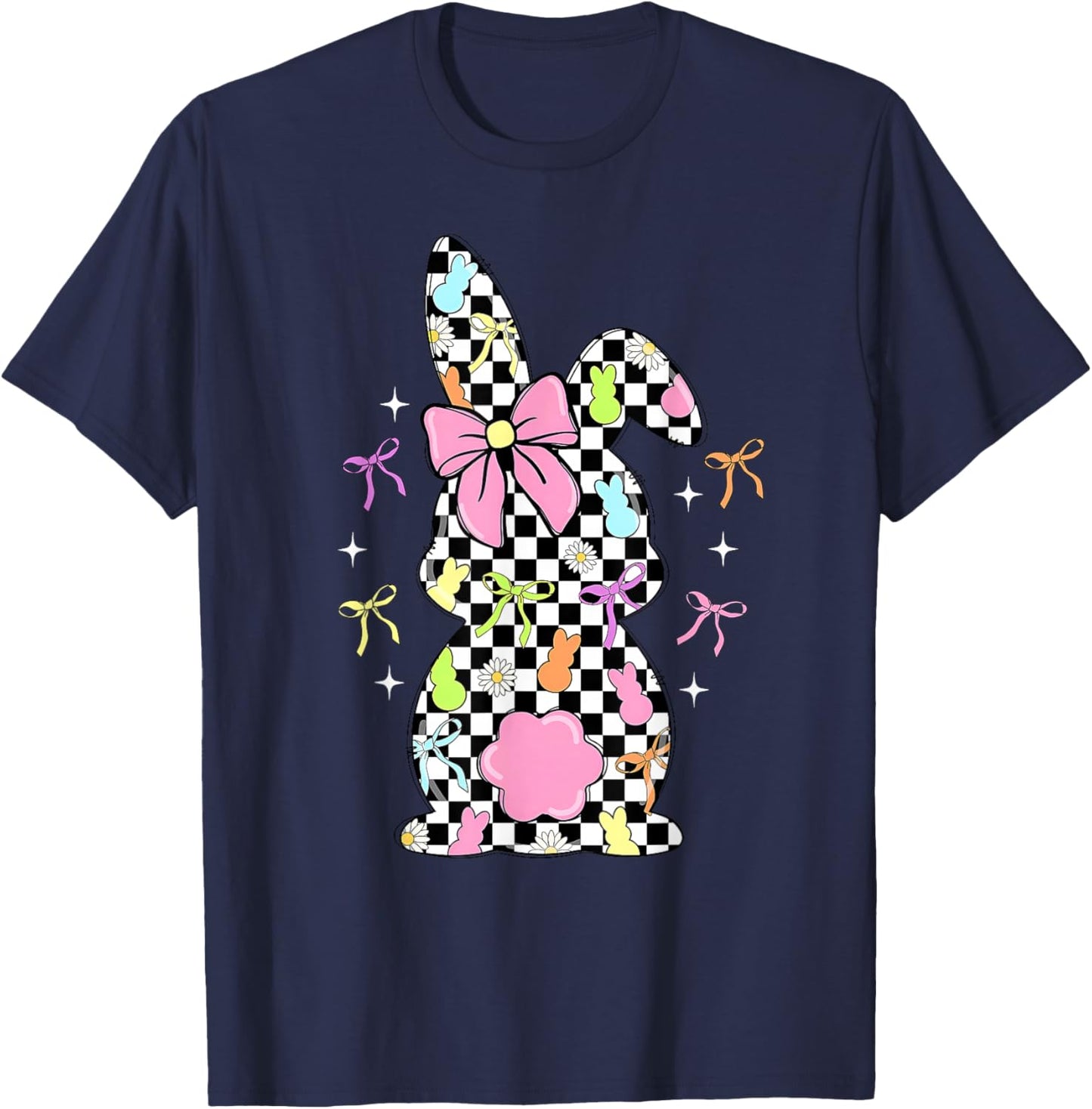 Funny Bunny Checkered Coquette Bow Rabbit Eggs Easter Retro T-Shirt - T-Shirt | Navy
