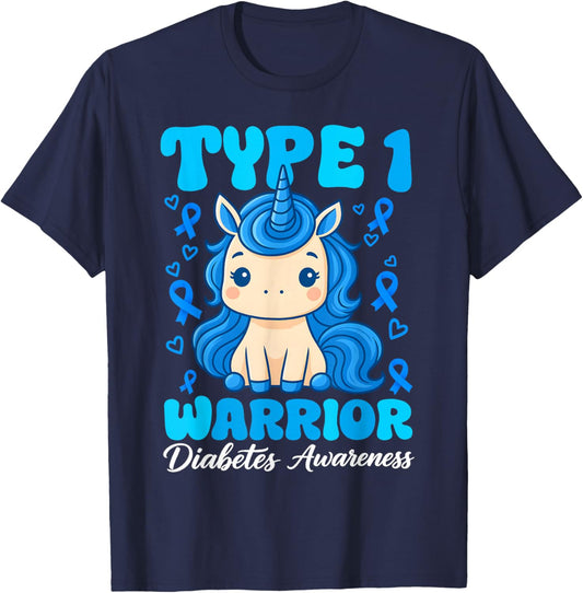 Type 1 Diabetes Cute Unicorn Warrior Boys Girls T1D Diabetic T-Shirt - T-Shirt | Navy