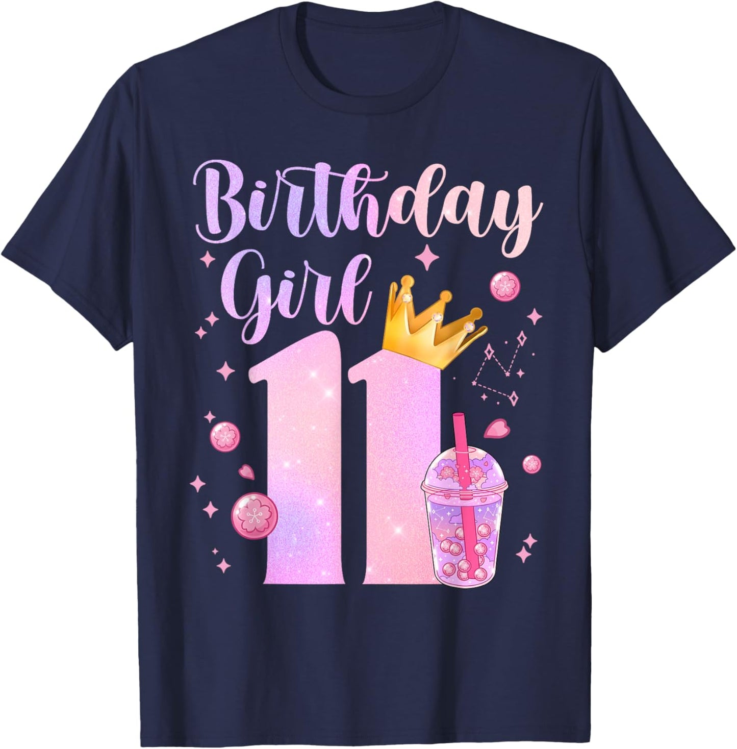 Birthday Girl 11 Yrs Old Boba Tea Theme Party 11th Bday Kids T-Shirt - T-Shirt | Navy