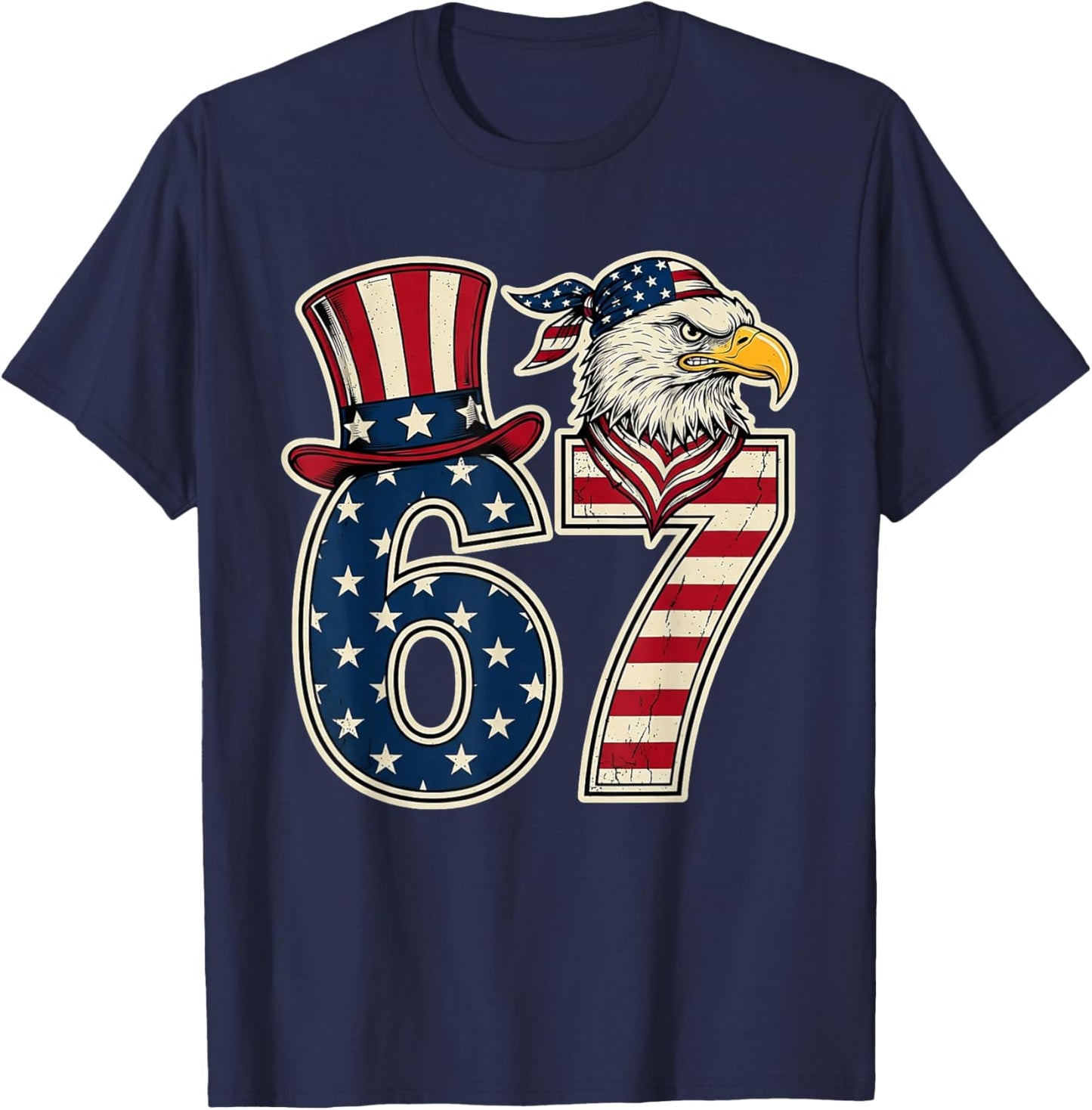 Funny 67 Six Seven Eagle 4th of July Meme USA Flag Vintage T-Shirt - T-Shirt | Navy