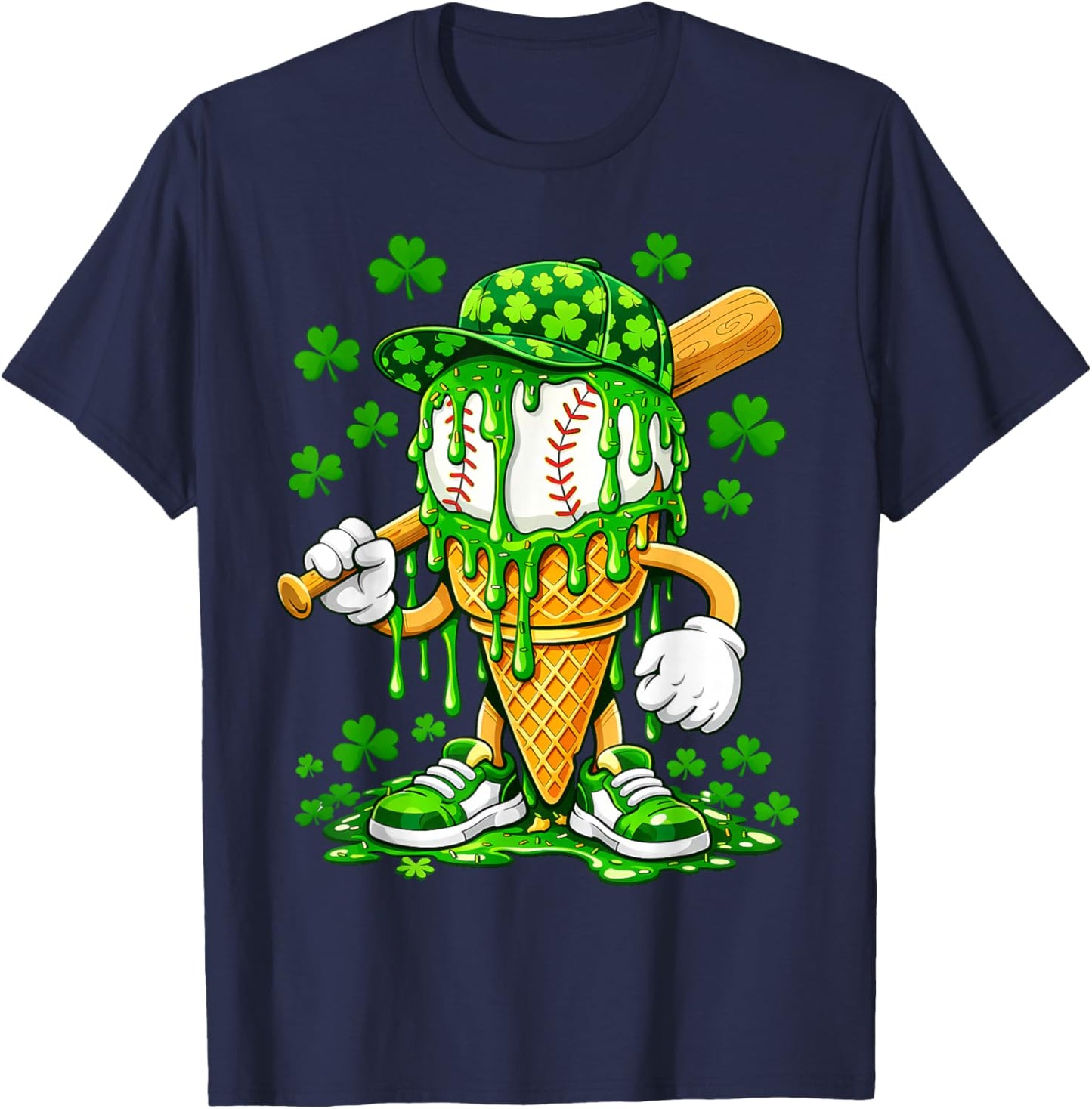 St Patricks Day Baseball Ice Cream Drip Shamrock Kids Boys T-Shirt - T-Shirt | Navy