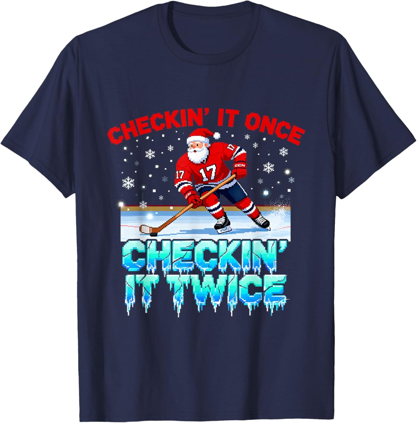 Christmas Checking It Once Santa’s Favorite Hockey Player T-Shirt - T-Shirt | Navy