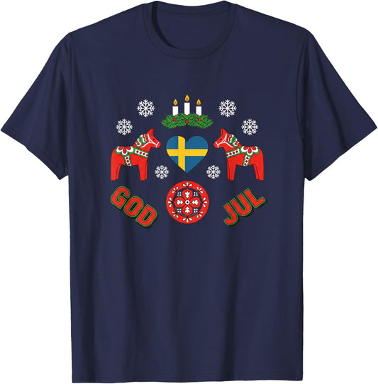 God Jul Swedish Christmas Dala Horse Snowflake Holiday T-Shirt - T-Shirt | Navy