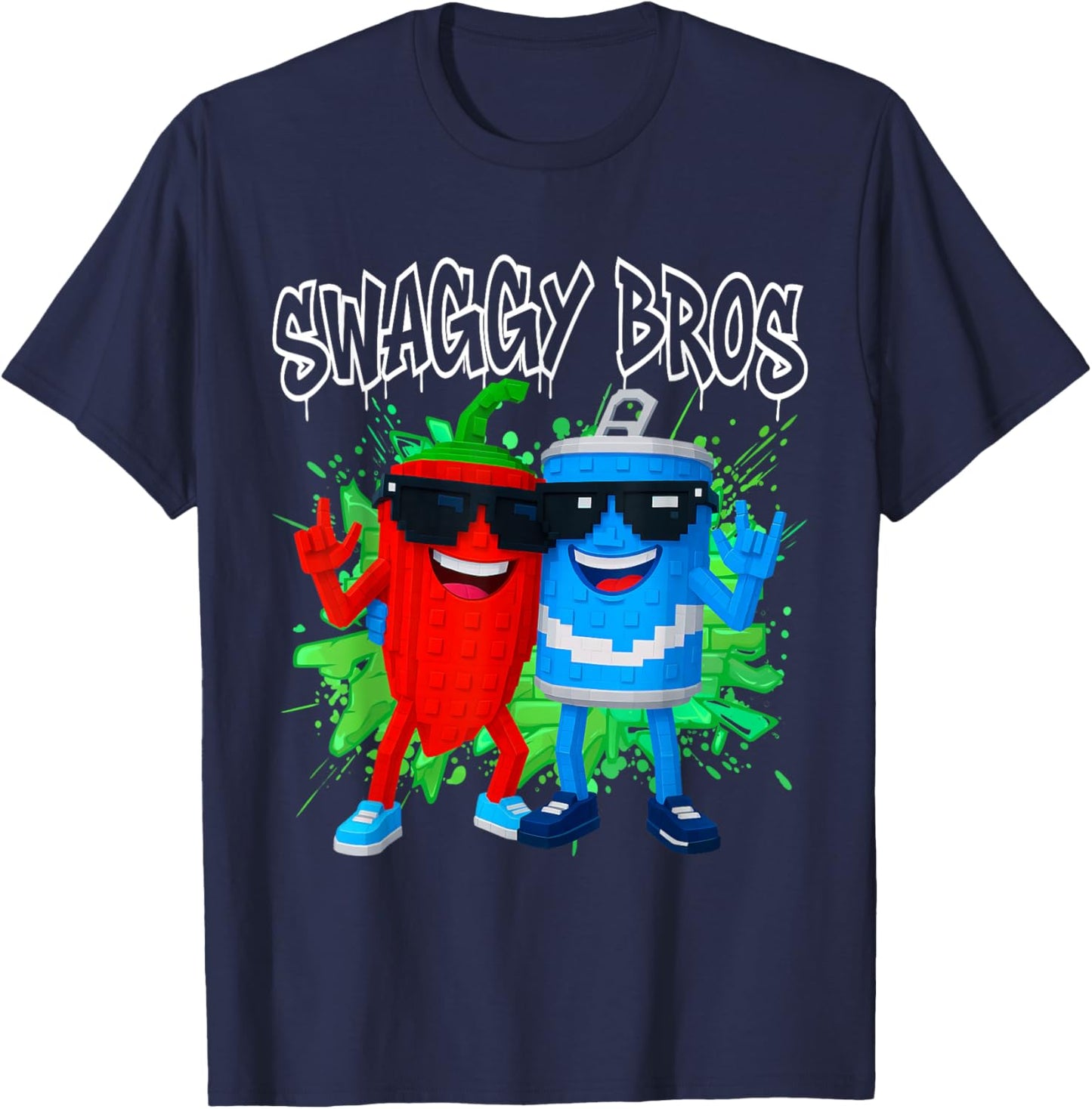 Swaggy Bros Funny Brainrot Gaming for Kids Teens T-Shirt - T-Shirt | Navy